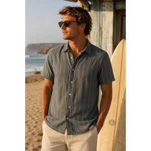 MOLLUSK California Blue Gray Linen Stripe Short Sleeve Shirt Top Mens Size Small